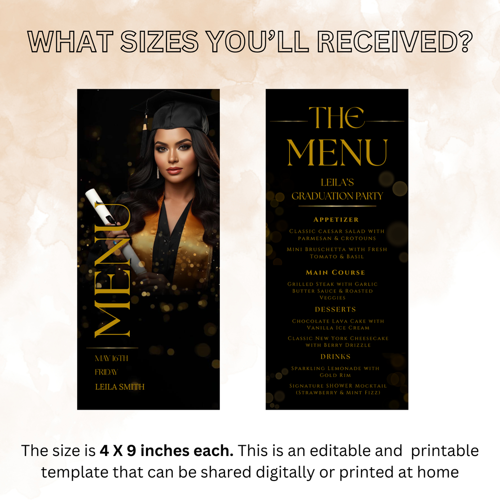Graduation Dinner Menu with Photo, High School College Grad Party Menu Class of 2026, Black Gold Menu, Editable Canva Printable Template