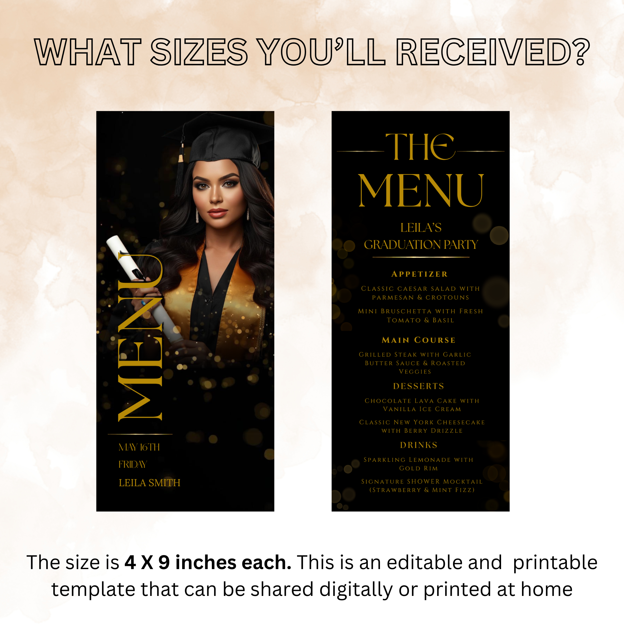 Graduation Dinner Menu with Photo, High School College Grad Party Menu Class of 2026, Black Gold Menu, Editable Canva Printable Template