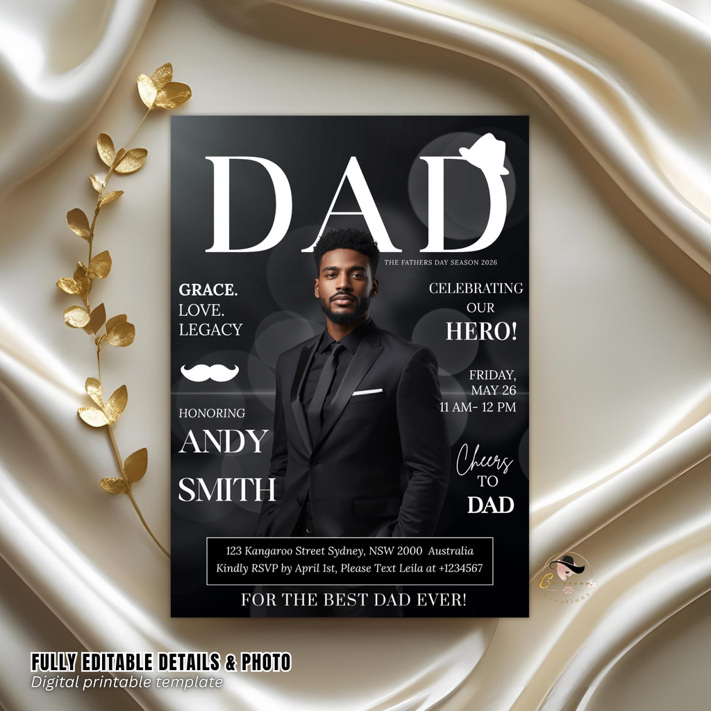 Father’s Day Invitation Magazine Style with Photo, Suit and Tie Dad Party Invite, Brunch or Dinner Invite, Canva Printable Digital Template