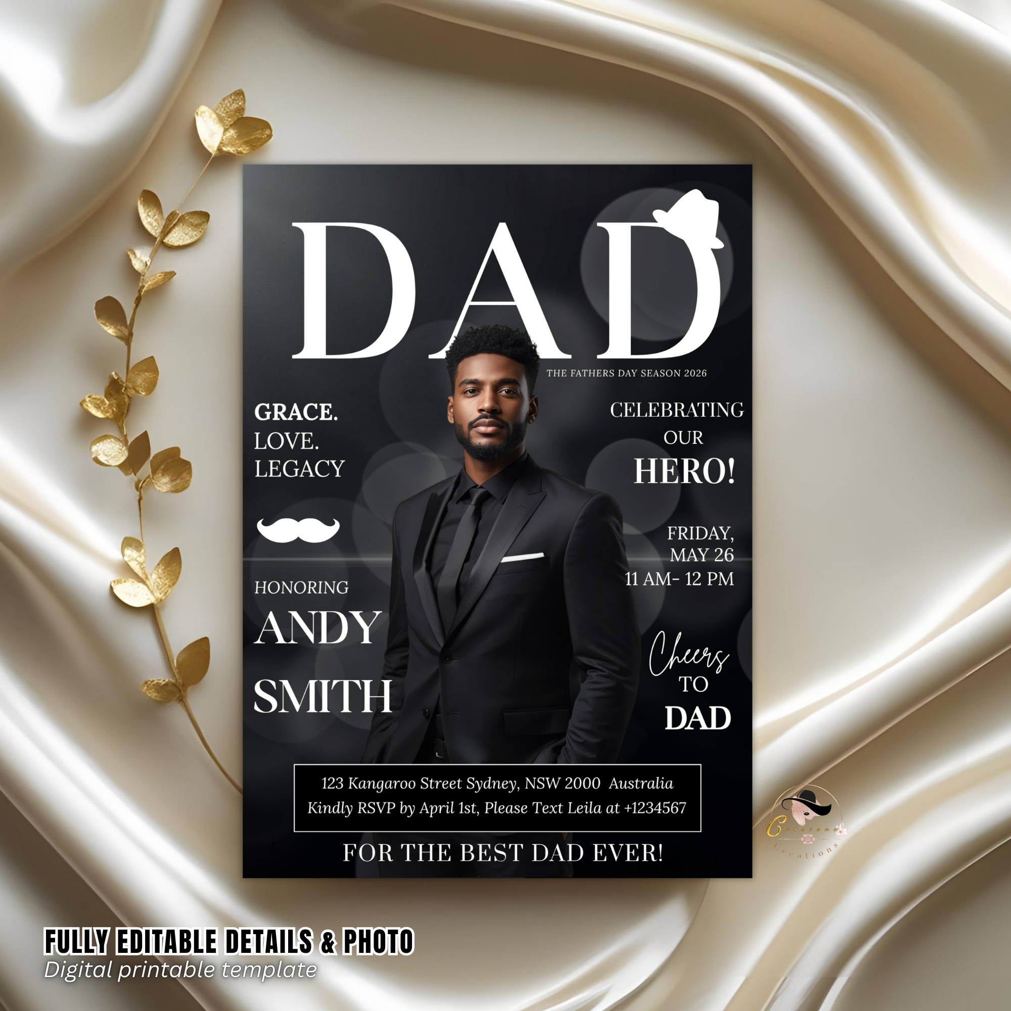 Father’s Day Invitation Magazine Style with Photo, Suit and Tie Dad Party Invite, Brunch or Dinner Invite, Canva Printable Digital Template