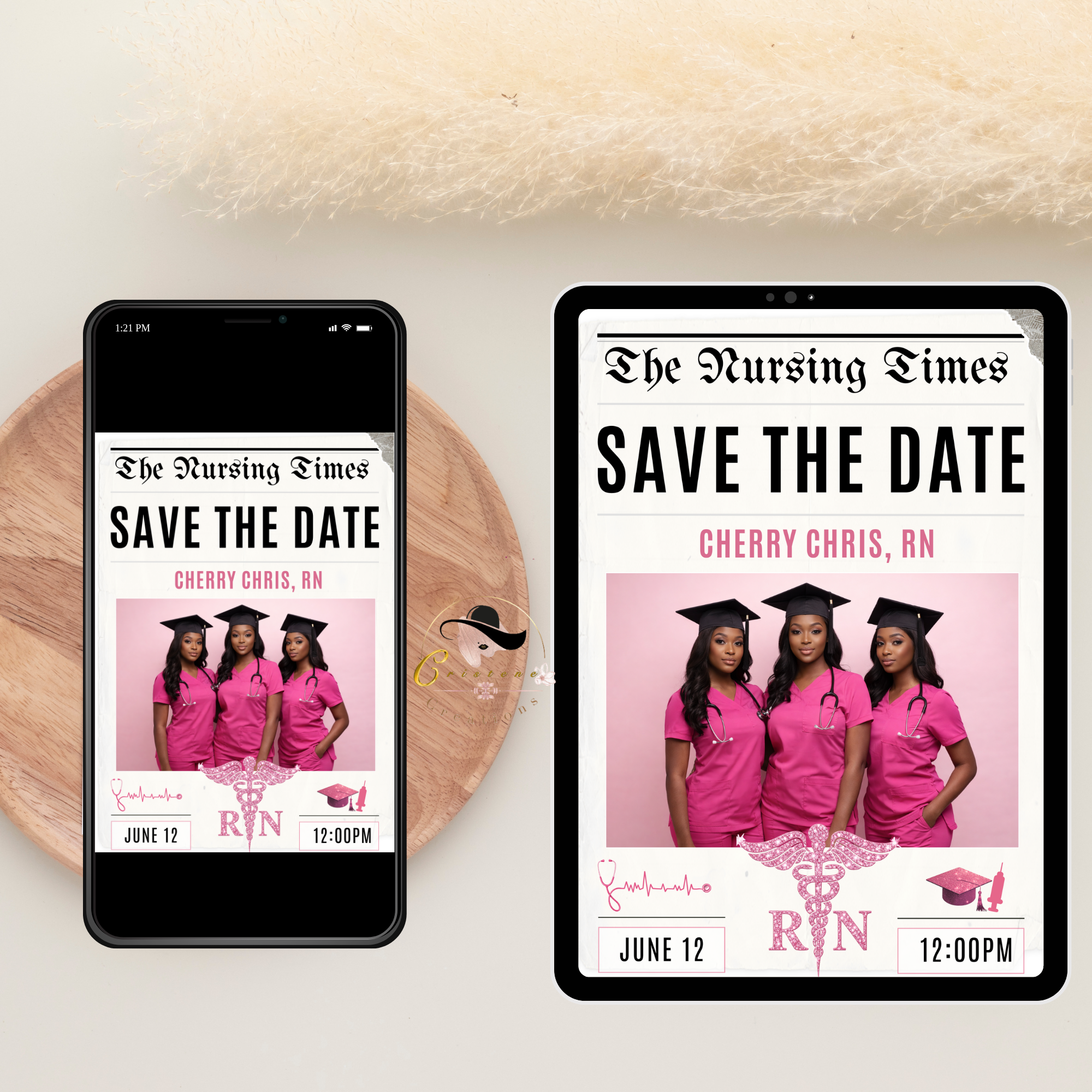 Nurse Graduation Save the Date Invitation, Pink Newspaper Grad Party with photo Invite, Pinning Ceremony RN Invite, Digital Canva Template