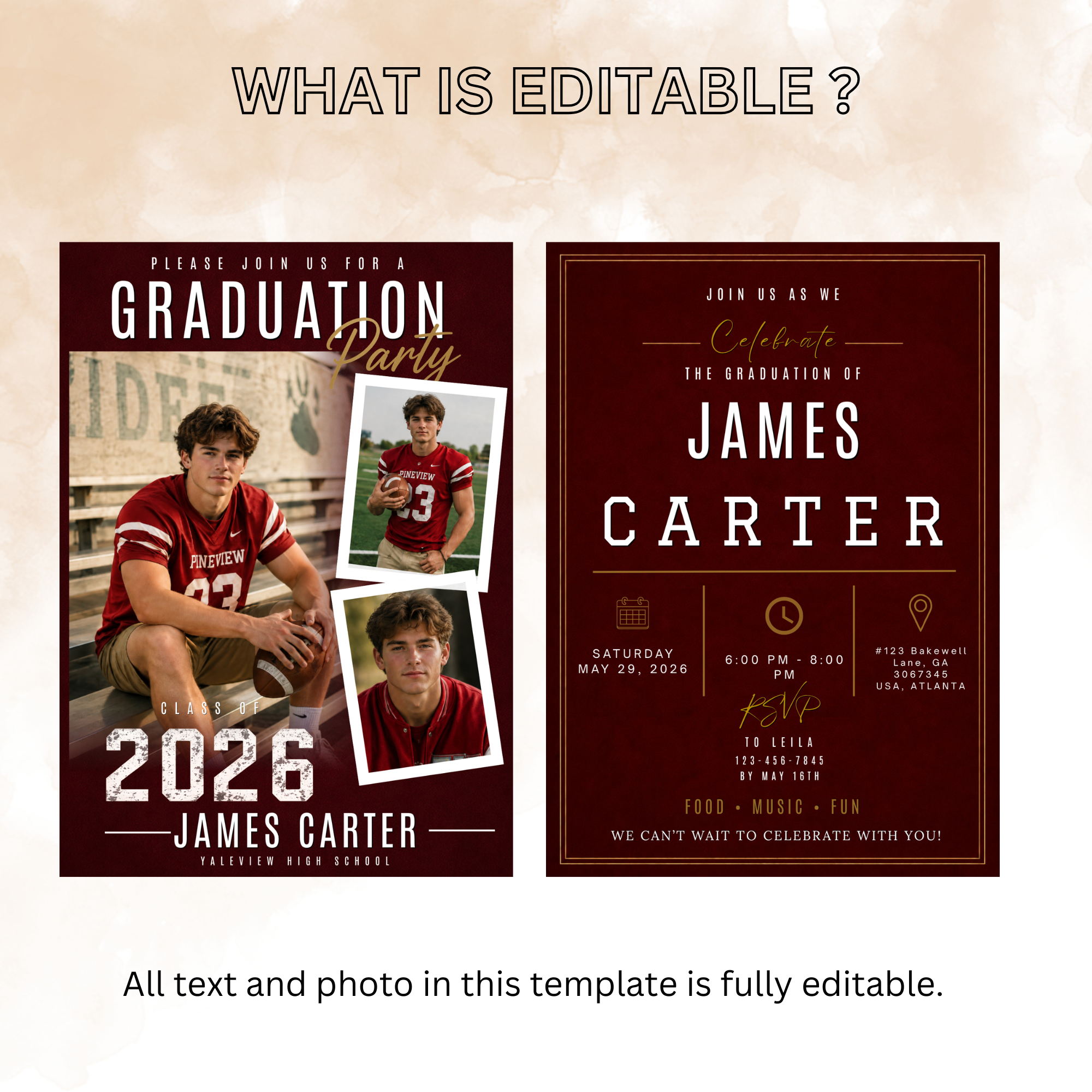 Red Graduation Invitation with Photo for Him, Sporty Boy Grad Announcement Invite, Class of 2026 Senior Grad Party, Printable Template