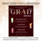 Graduation Signature Drinks Menu, Senior Grad Drink Sign Template for High School College Soda Bar Menu, Dark Red Printable Template