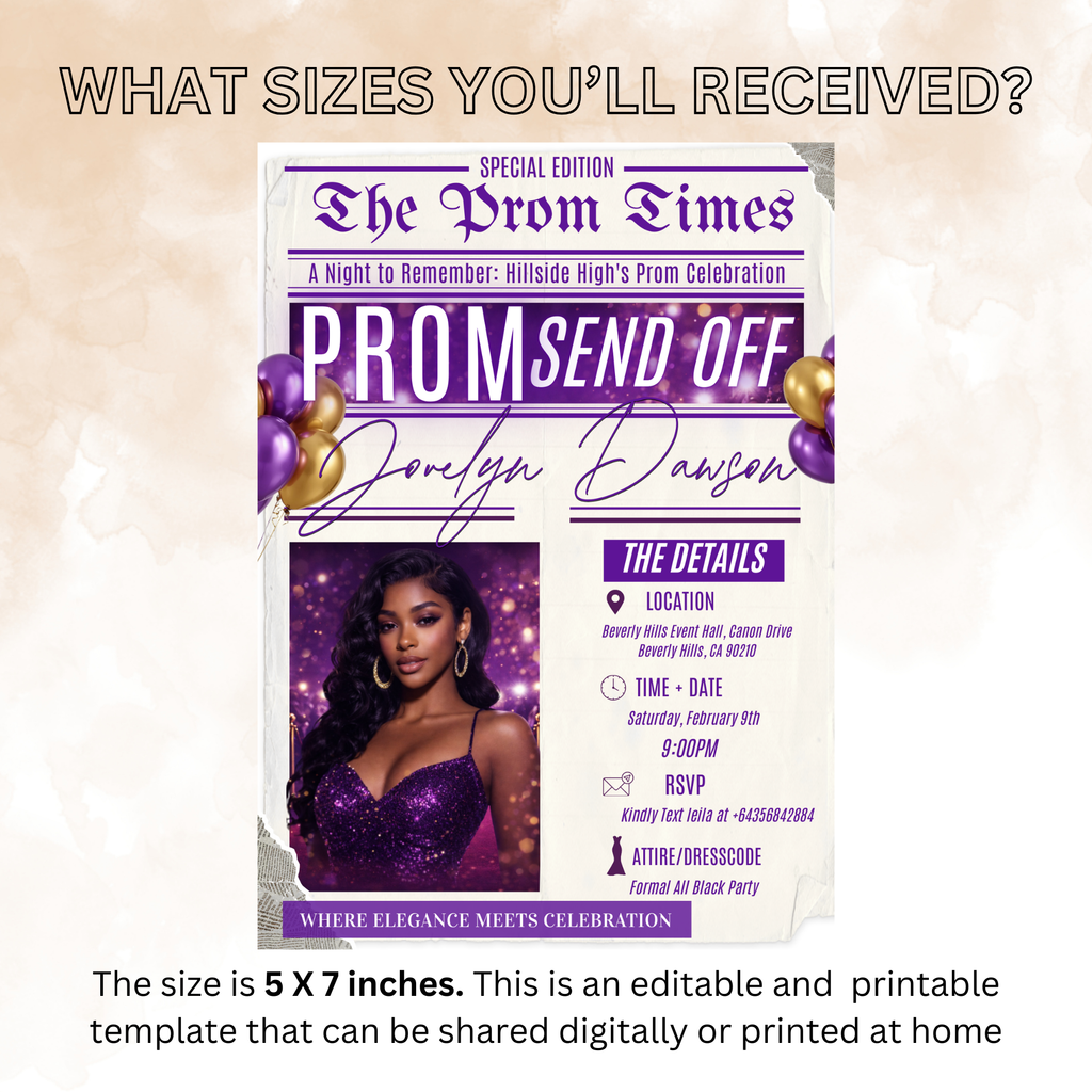 Newspaper Prom Send Off Party Invitation, Purple Prom Queen with photo invite, Girls Prom Night Flyer Card, Digital Printable Template