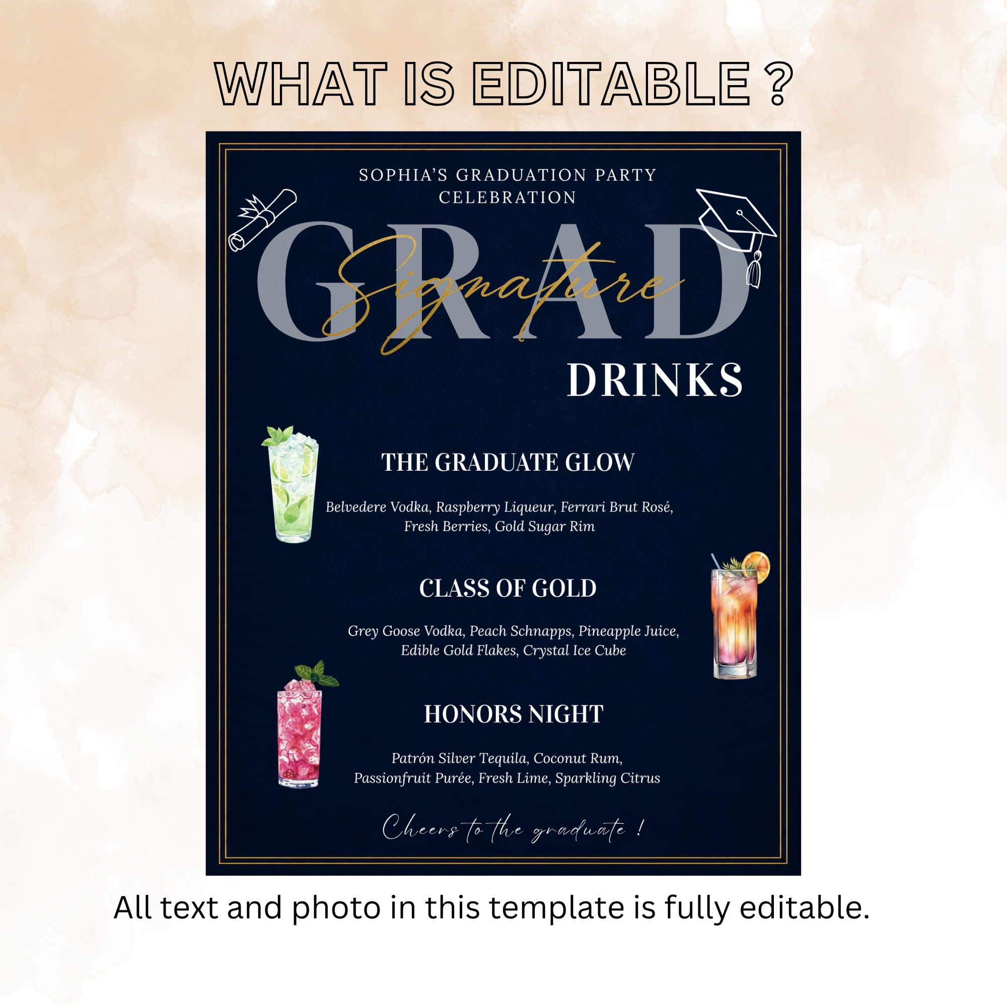 Blue Graduation Signature Drinks Menu Sign, Senior Grad Bar Menu Template, Soda Bar Menu, Class of 2026 Printable for High School College
