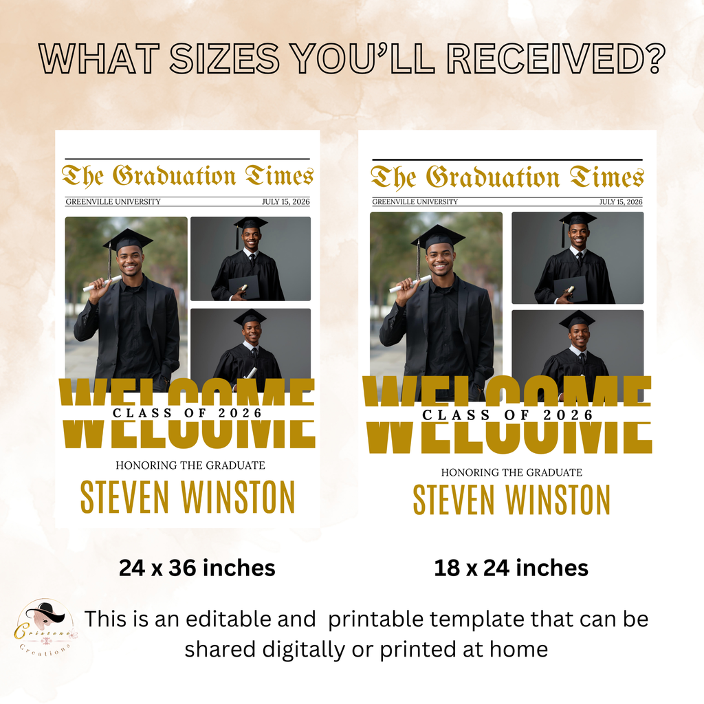 Newspaper Graduation Welcome Party Sign, Boy Senior Grad Announcement Sign with photo, 2026 High School Graduates Sign, Printable Template