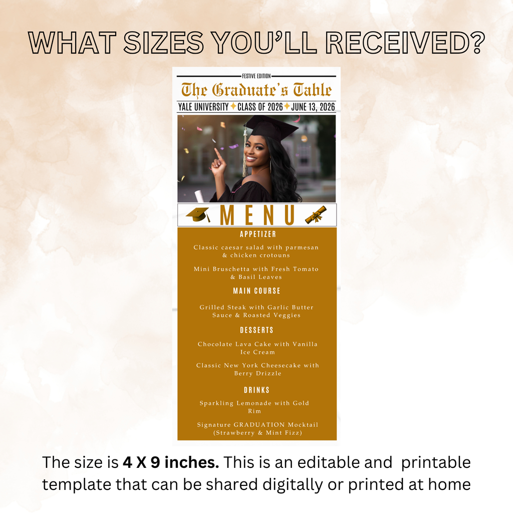 Graduation Newspaper Menu Template with Photo, Class of 2026 Senior Grad Party Dinner Menu For Him and Her, Gold Editable Printable Card