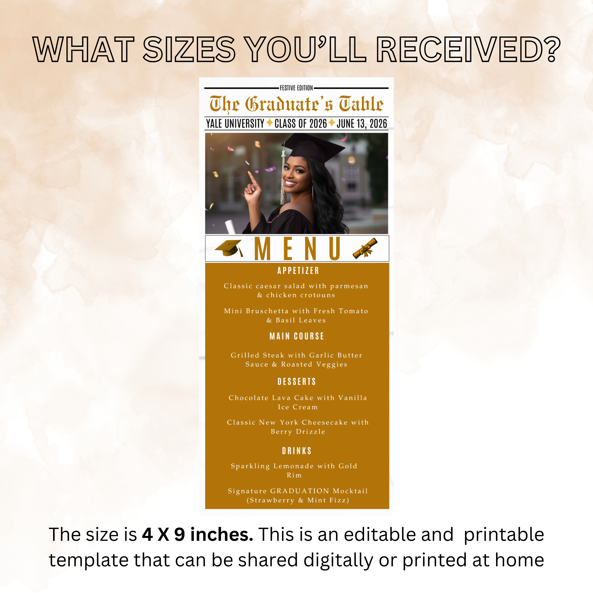 Graduation Newspaper Menu Template with Photo, Class of 2026 Senior Grad Party Dinner Menu For Him and Her, Gold Editable Printable Card