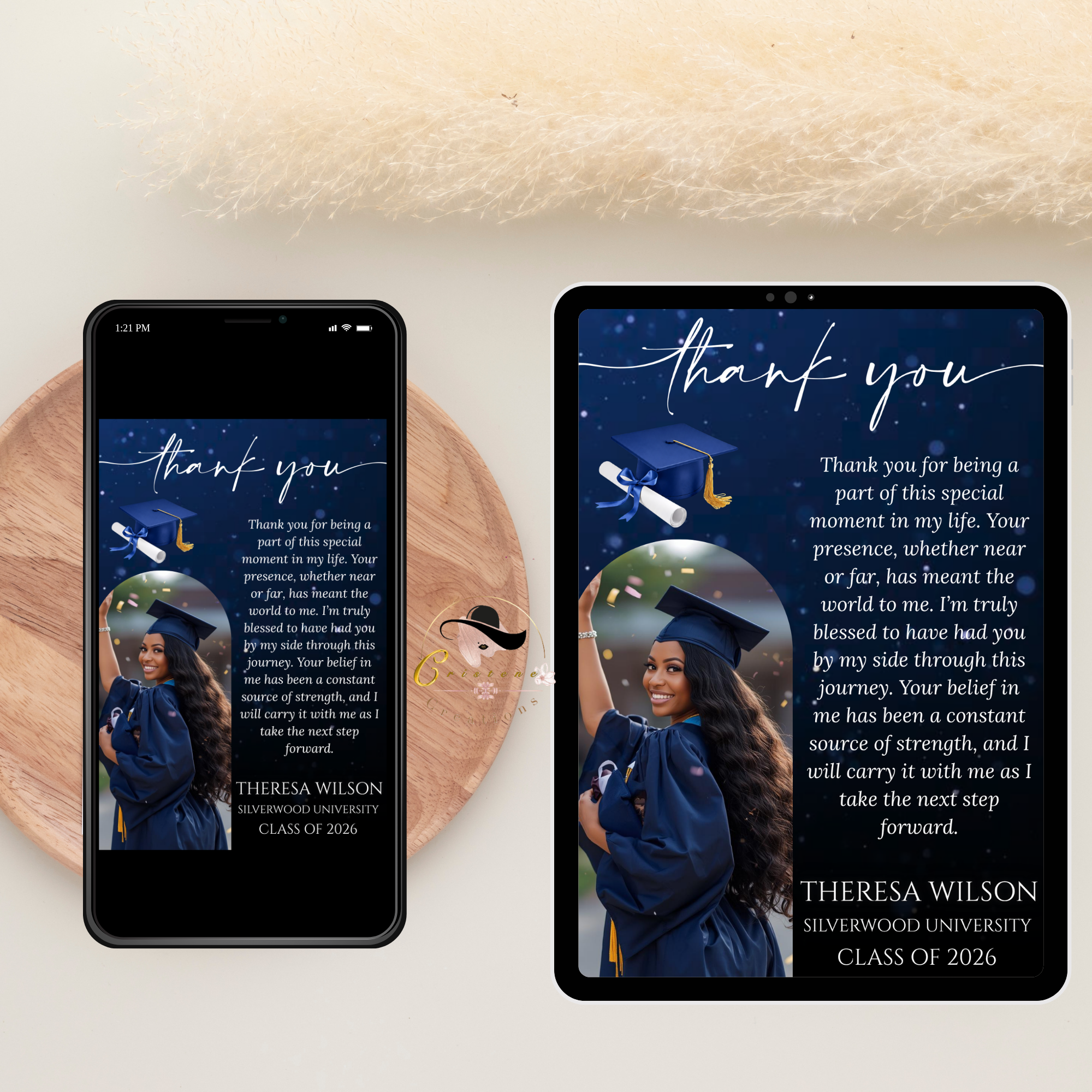 Blue Graduation Thank You Card with photo, Class of 2026 Grad Party Thank You Note For Him and Her, Editable Printable Digital Template