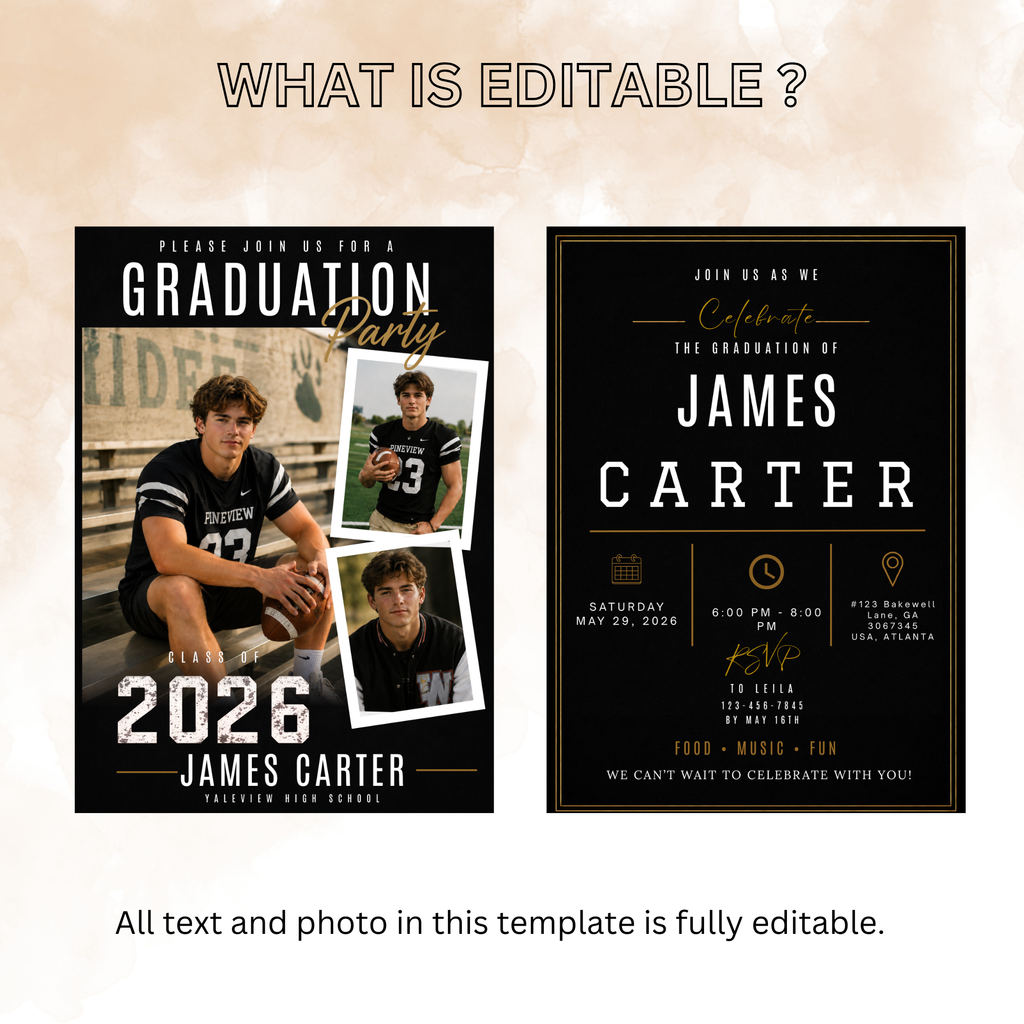 Graduation Invitation with Photo for Him, Class of 2026 Grad Announcement, High School College Grad Party, Black Printable Editable Template