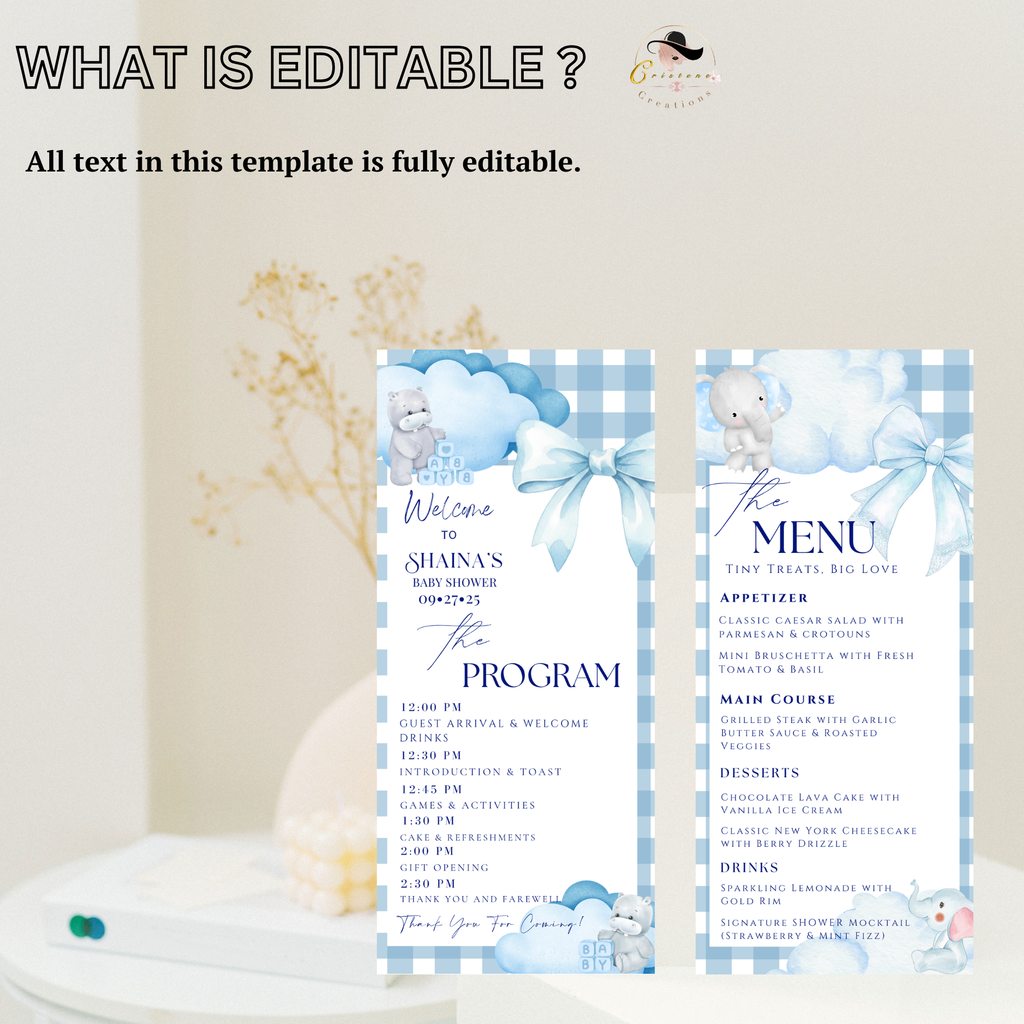 Blue Baby Shower Menu and Program Template, Baby Boy Shower Itinerary Card, Cloud 9 Bear Safari Party theme Editable Canva Digital Printable