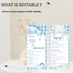 Blue Baby Shower Menu and Program Template, Baby Boy Shower Itinerary Card, Cloud 9 Bear Safari Party theme Editable Canva Digital Printable