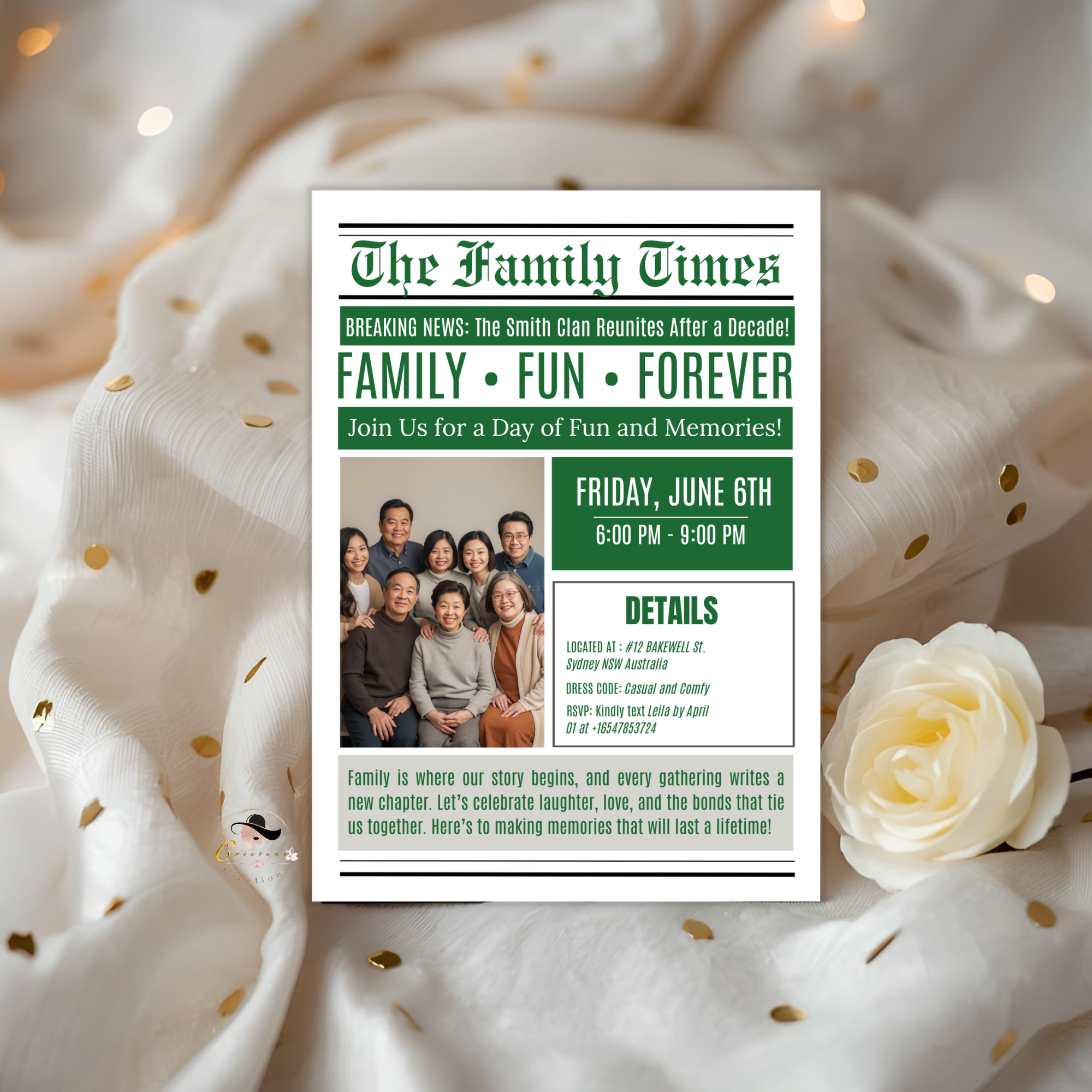 Newspaper Family Reunion Invitation with Photo, Family Gathering Party Celebration Invite, Green Printable Editable Canva Template