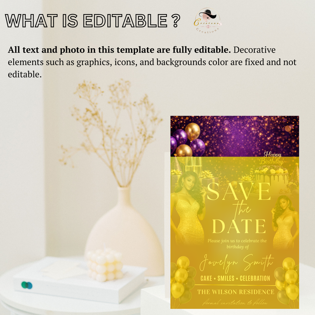 Save the Date Birthday Invitation, Purple Gold Save Date Party with photo Invite, Elegant Dinner Event Card, Printable Digital Template
