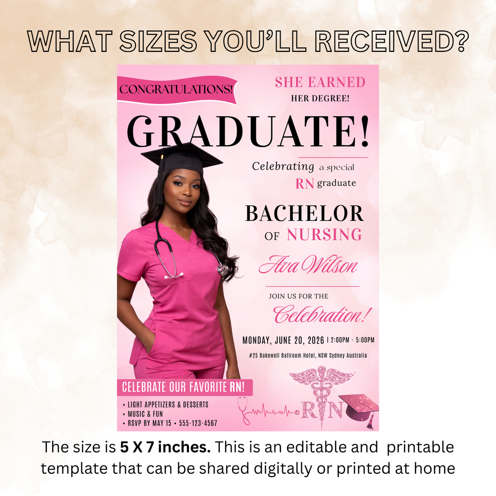 Nurse Graduation Invitation with Photo, Pink Magazine Style RN BSN Pinning Ceremony Invite, Canva Digital Printable Flyer Template