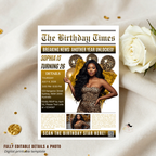 Leopard Print Newspaper Birthday Invitation with Photo, Birthday Dinner and Brunch Party Invite, Cheetah Print Editable Canva Template