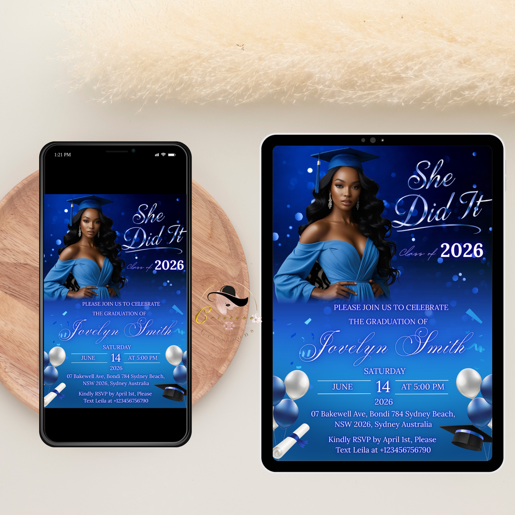 Blue Graduation Announcement Invitation, She Did It invite, Senior Grad Party with photo invite, Class of 2026, Digital Printable Template