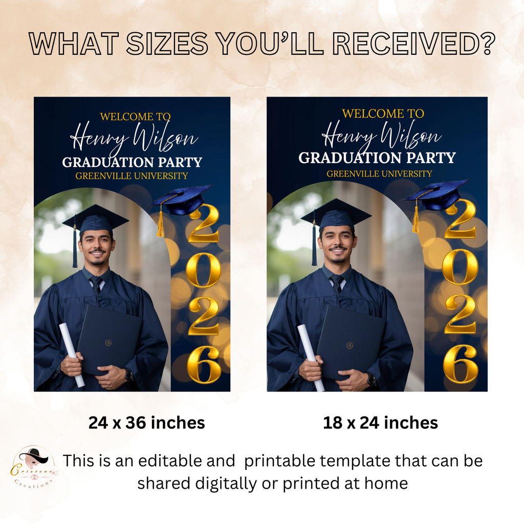 Graduation Welcome Party Sign, Senior Grad Poster Sign with photo, Class 2026 Woman Men High School Sign, Blue Gold Printable Template