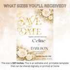 Floral Wedding Save the Date Invitation, White Gold Save Date Party Invite, Elegant Wedding Announcement, Printable Canva Template
