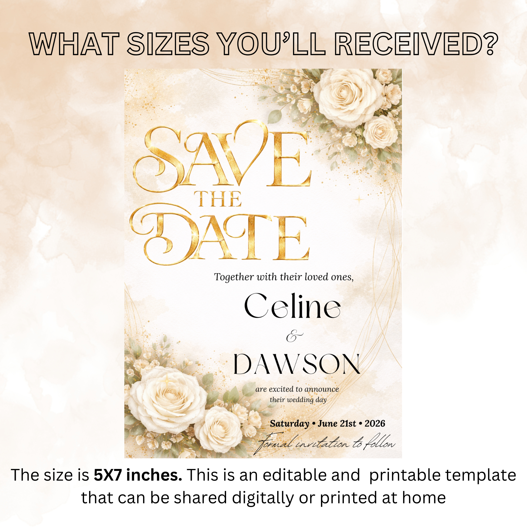 Floral Wedding Save the Date Invitation, White Gold Save Date Party Invite, Elegant Wedding Announcement, Printable Canva Template