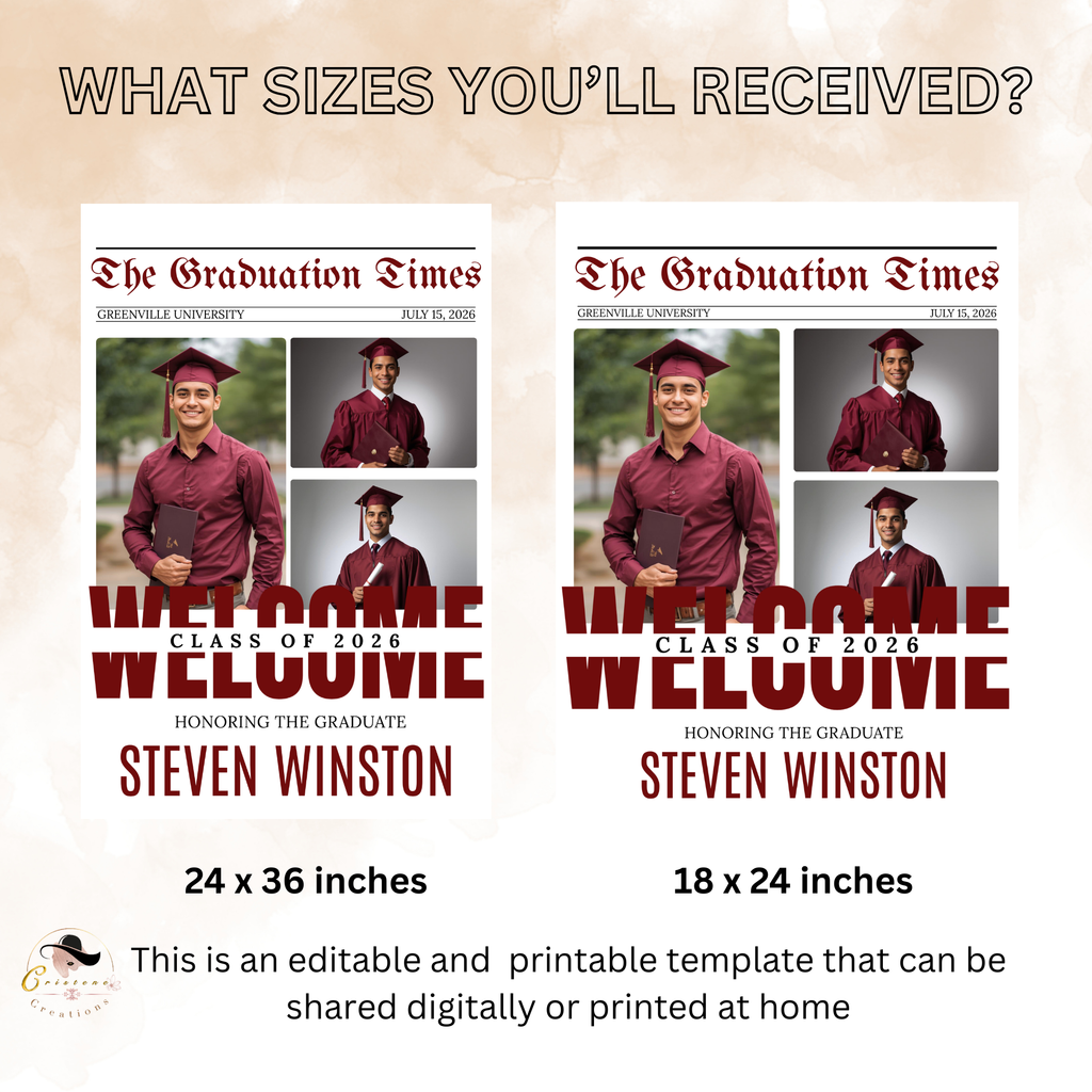 Maroon Newspaper Graduation Welcome Party Sign, Boy Senior Grad Announcement Sign with photo, High School Graduate Sign, Printable Template