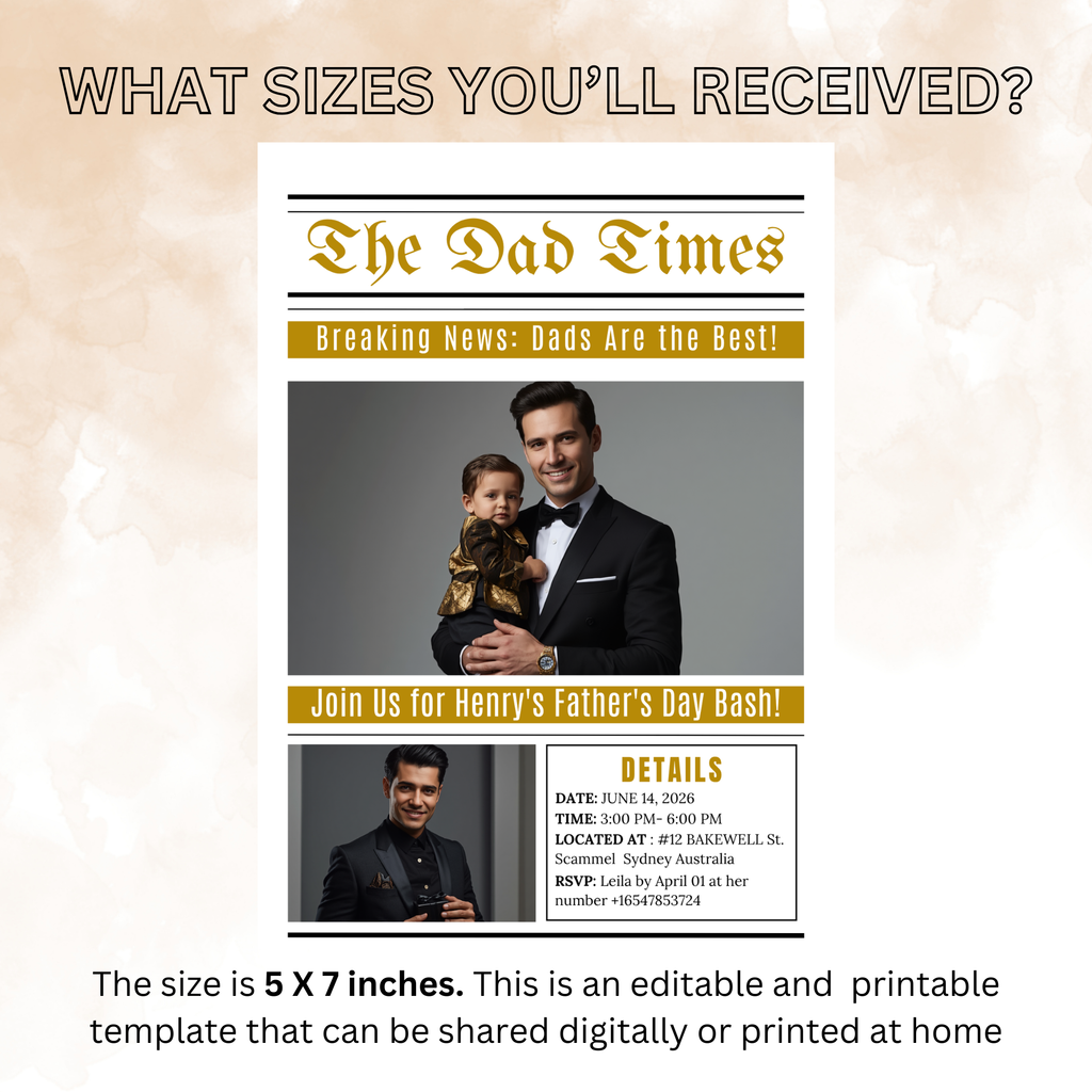 Fathers Day Invitation Newspaper Style with Photo, Dad Party Invite, Dinner Invite Editable Canva Template Printable Celebration Flyer Card