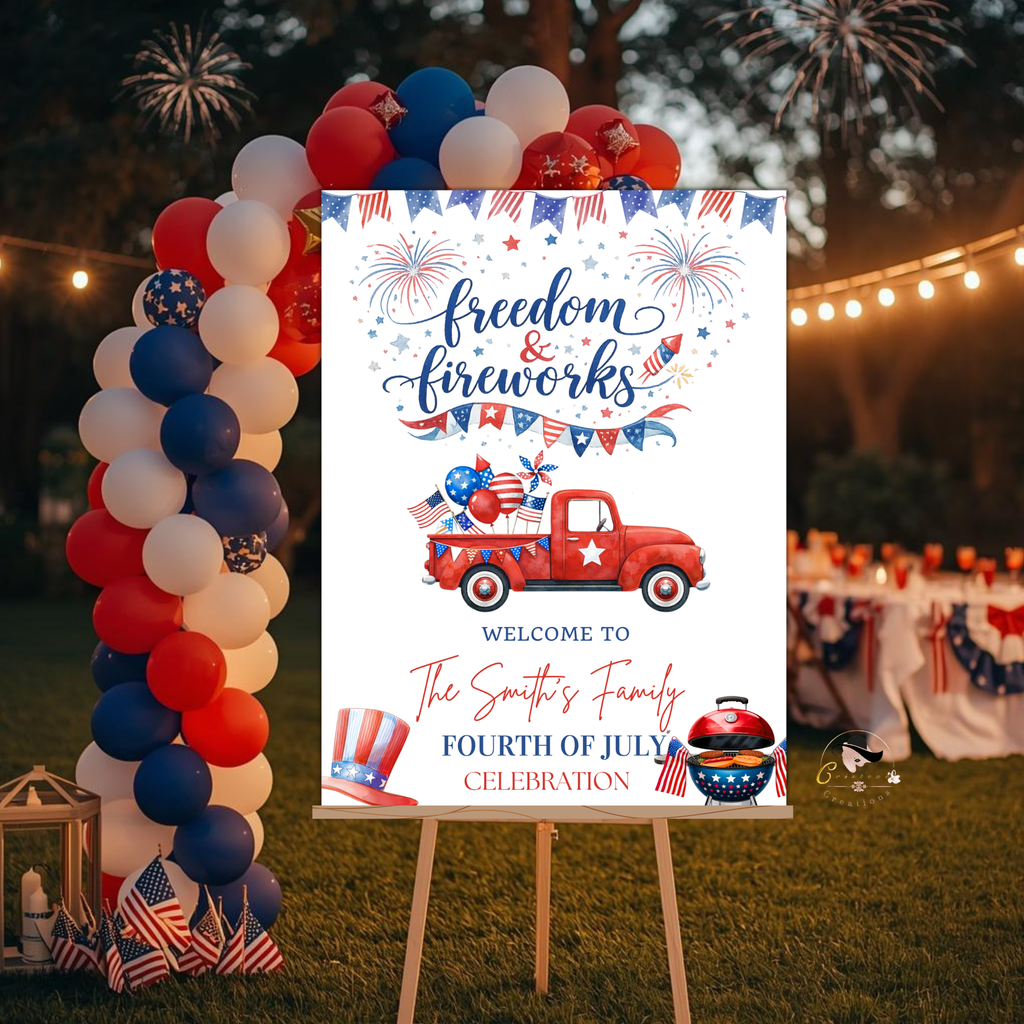 4th of July Welcome Sign, Independence Day Party Sign, BBQ Pool Party Fireworks Decor, Poster Board Sign, Editable Canva Printable Template