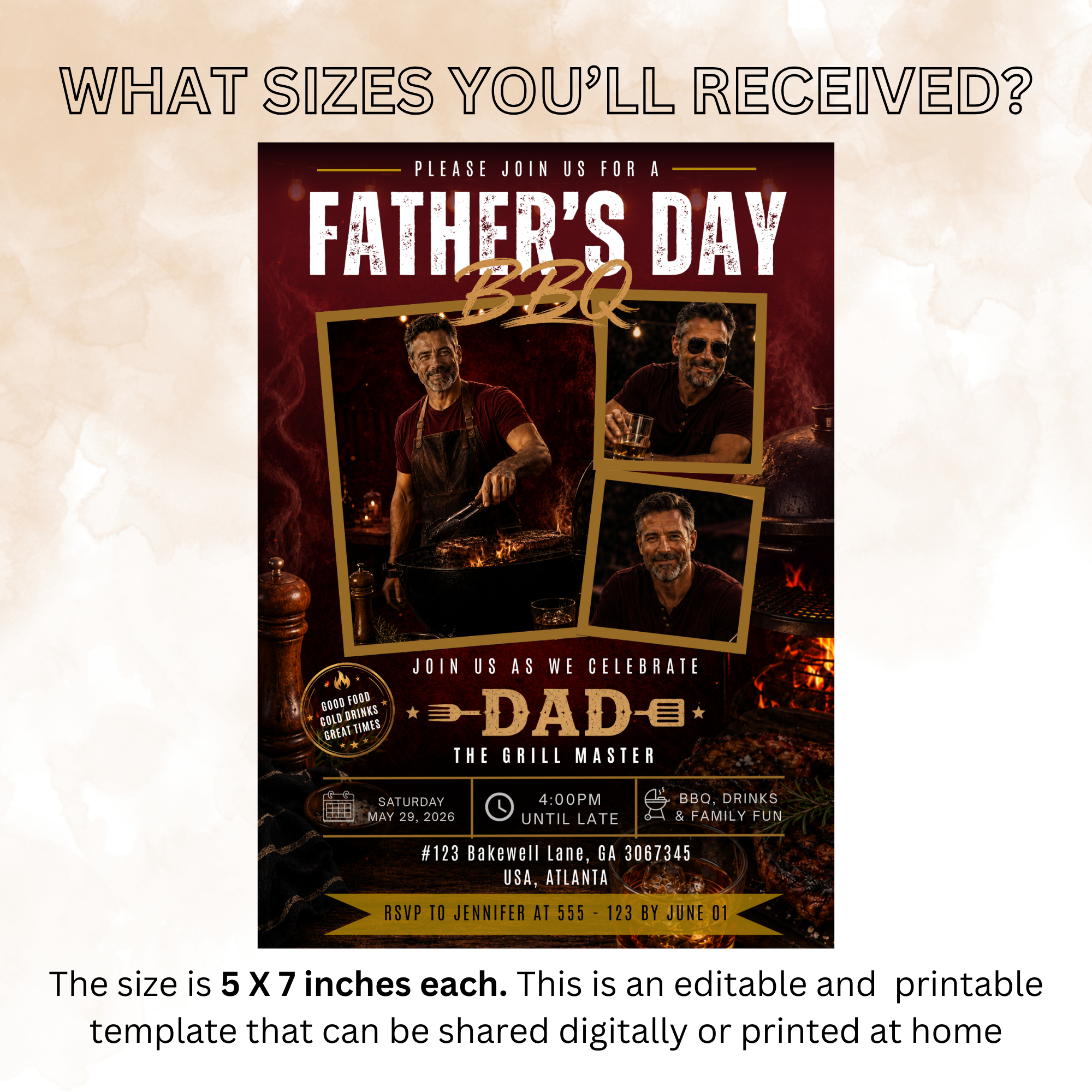 Red Father's Day BBQ Invitation with Photo, Backyard Barbecue Party Invite for Dad Summer Grill Cookout, Editable Digital Printable Template