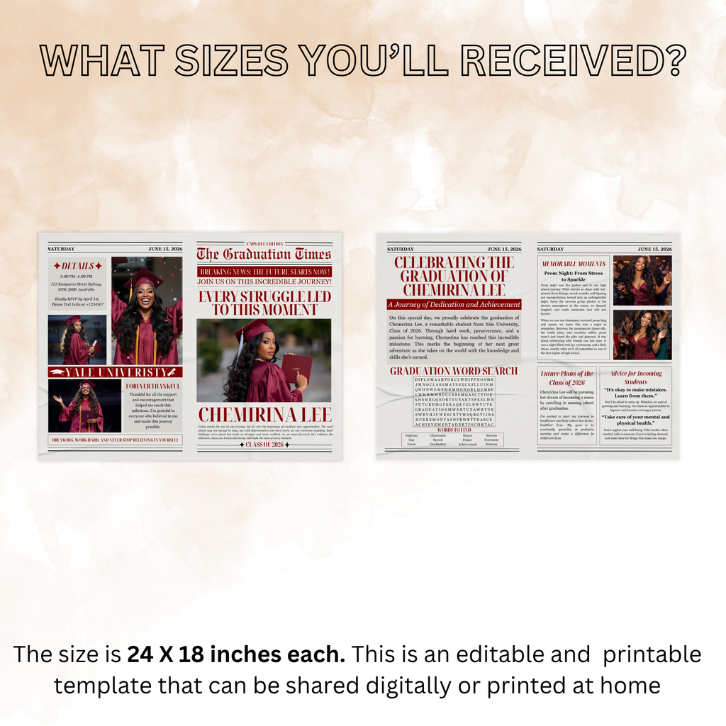 Graduation Newspaper Template with Photo, Class of 2026 Grad Announcement for Him and Her, Maroon Red Editable Canva Printable Invitation