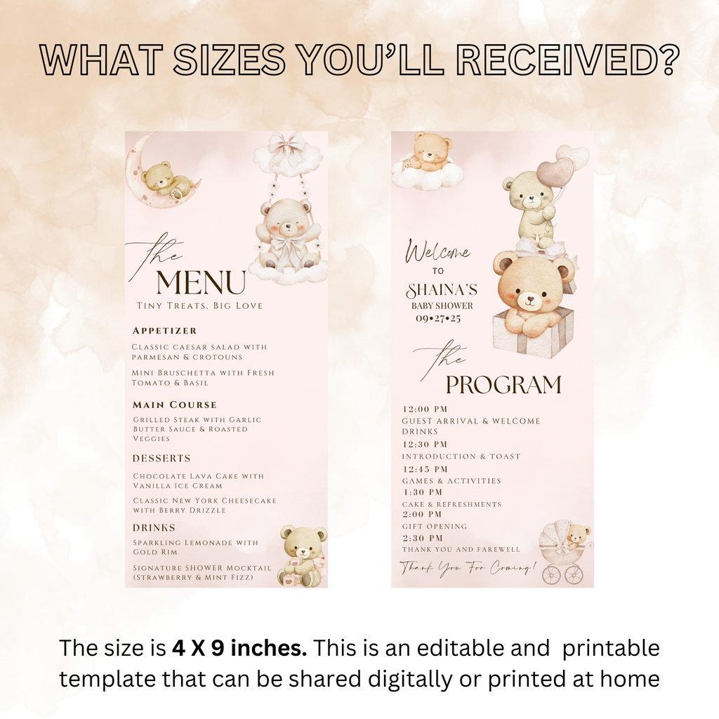 Baby Shower Menu and Program Template, Brown Bear Cloud 9 Baby Shower Itinerary, Neutral Baby Shower Party, Editable Canva Printable Card