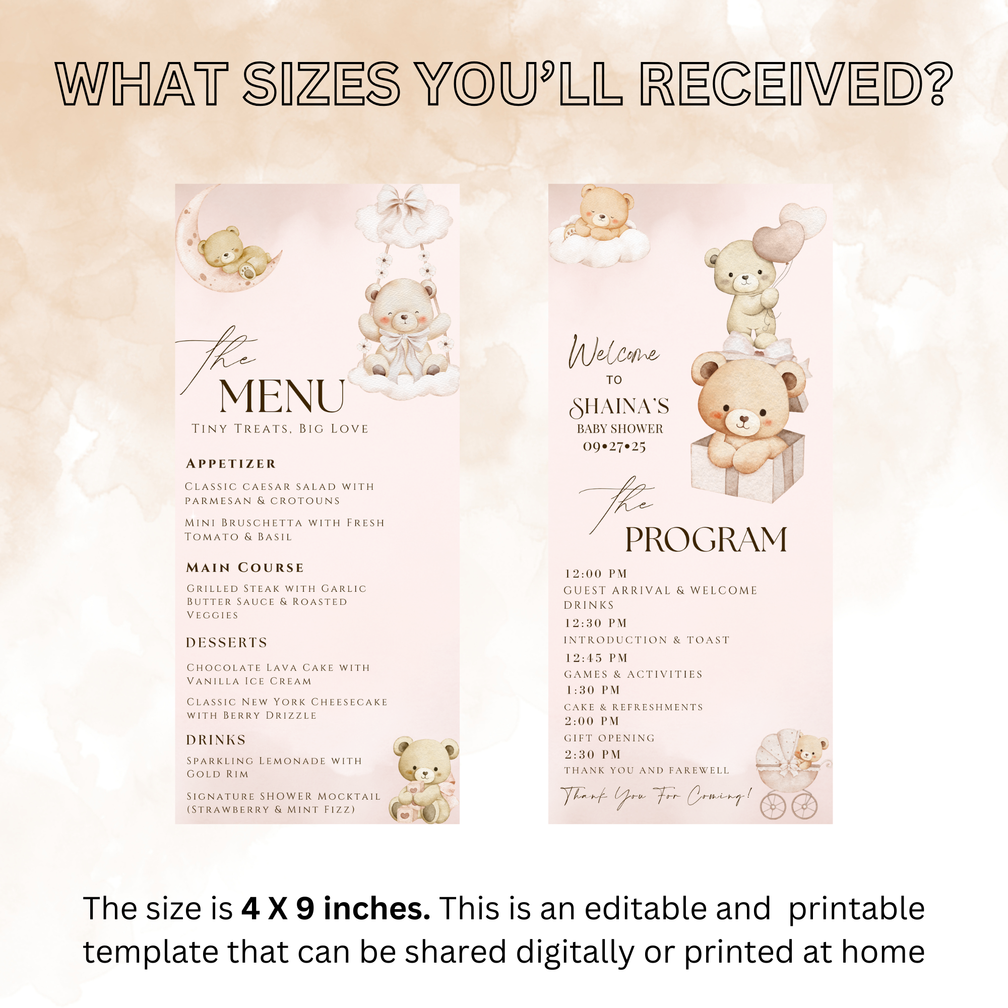Baby Shower Menu and Program Template, Brown Bear Cloud 9 Baby Shower Itinerary, Neutral Baby Shower Party, Editable Canva Printable Card