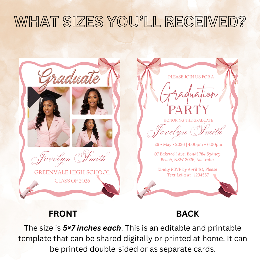 Pink Coquette Graduation Invitation 2026, Senior Grad Party Announcement with photo invite, Bow Theme College Graduates Printable Template