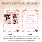 Pink Coquette Graduation Invitation 2026, Senior Grad Party Announcement with photo invite, Bow Theme College Graduates Printable Template