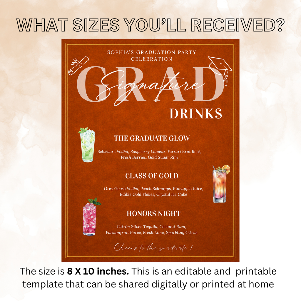 Orange Graduation Drink Menu Sign, Signature Drinks Bar Menu, Senior Grad Party Soda Bar Menu for High School College, Printable Template