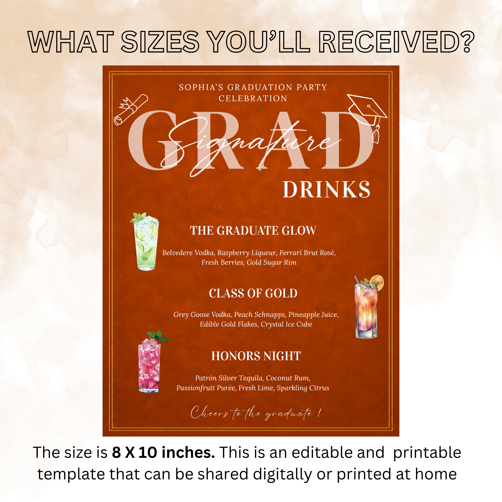 Orange Graduation Drink Menu Sign, Signature Drinks Bar Menu, Senior Grad Party Soda Bar Menu for High School College, Printable Template