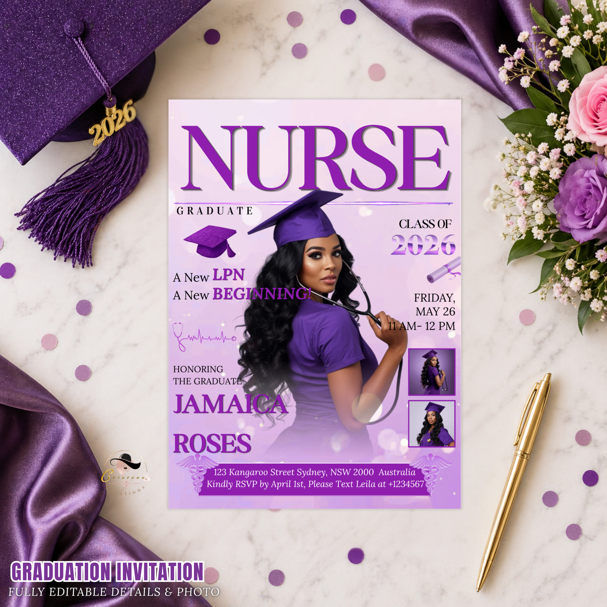 LPN Nurse Graduation Invitation with Photo, Purple Nursing Pinning Ceremony Invite for Her, Editable Canva Printable Template