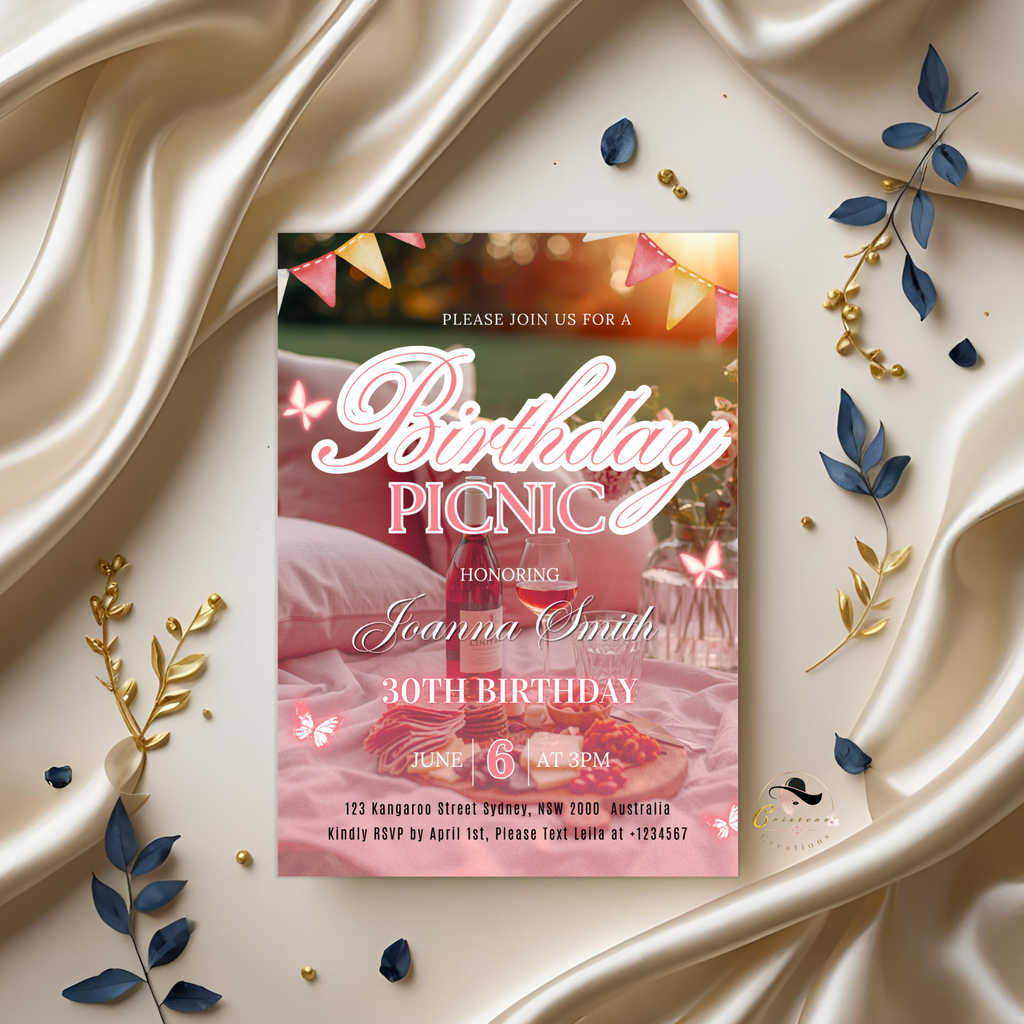 Birthday Picnic Invitation with Photo, Pink Summer Milestone Birthday Party Invite, Girl Picnic at the park Invite, Printable Canva Template