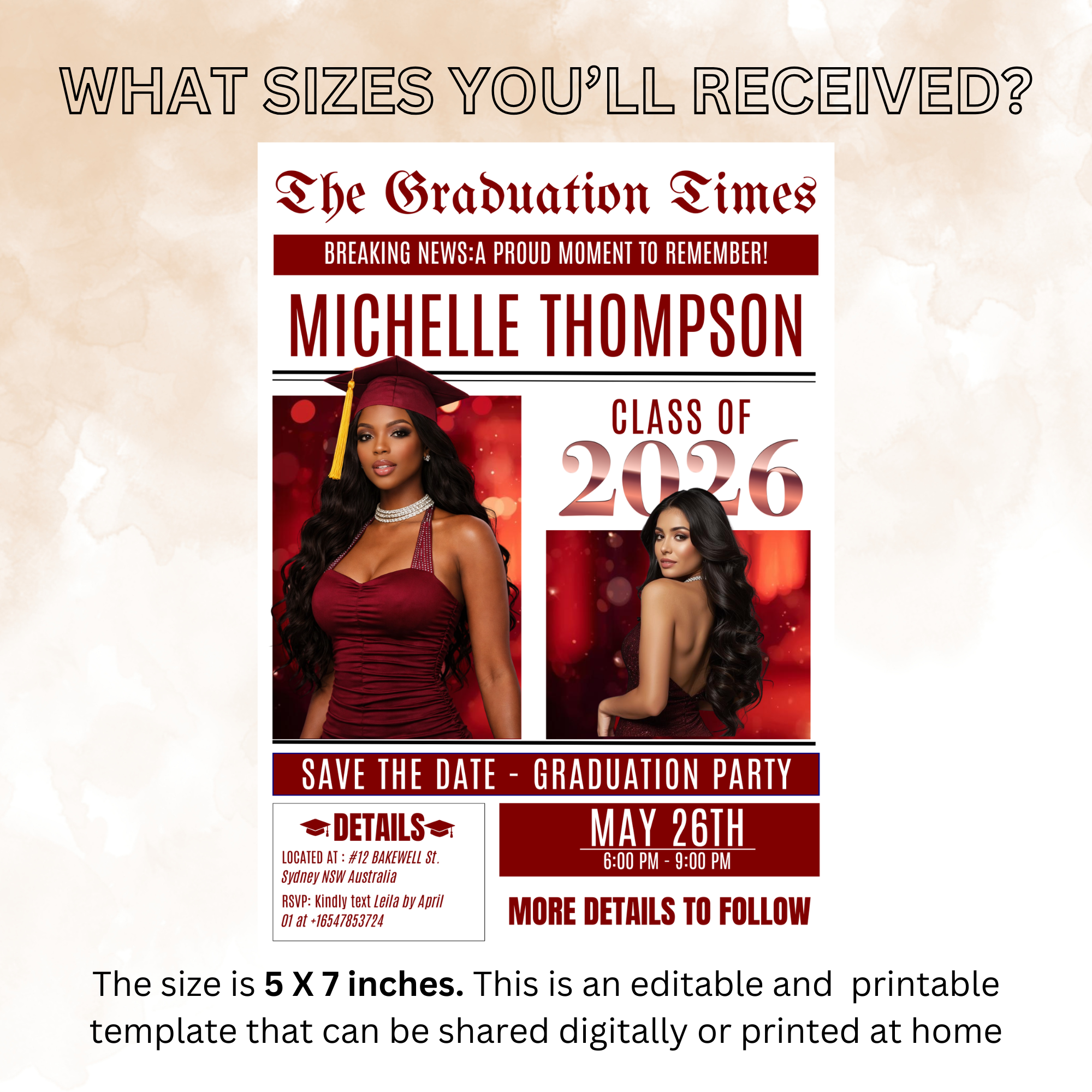 Newspaper Graduation Save the Date Invitation with Photo, Senior Grad Party Invite, Class 2026 Boy Girl, Digital Printable Canva Template