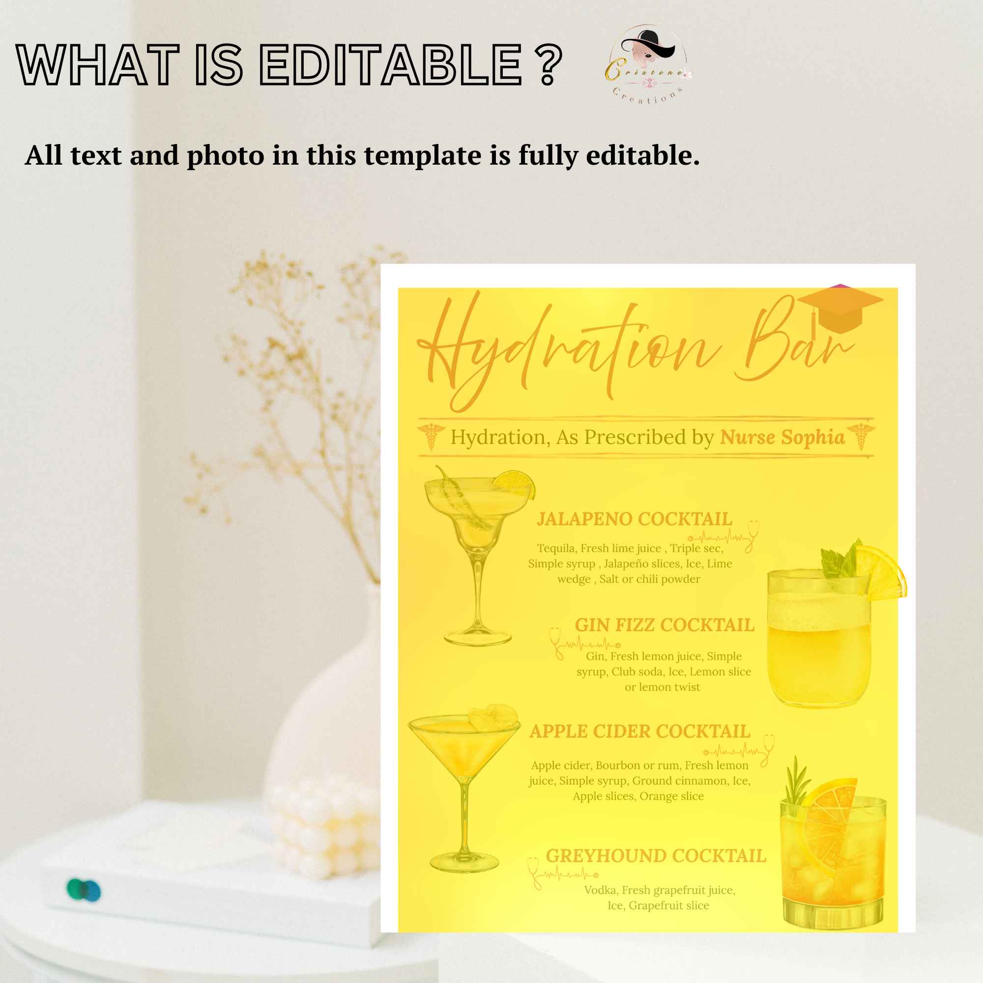 Pink Nurse Graduation Drink Menu Card, RN LPN CNA Cocktail Sign, Signature Drinks Bar Hydration Station, Editable Canva Printable Template