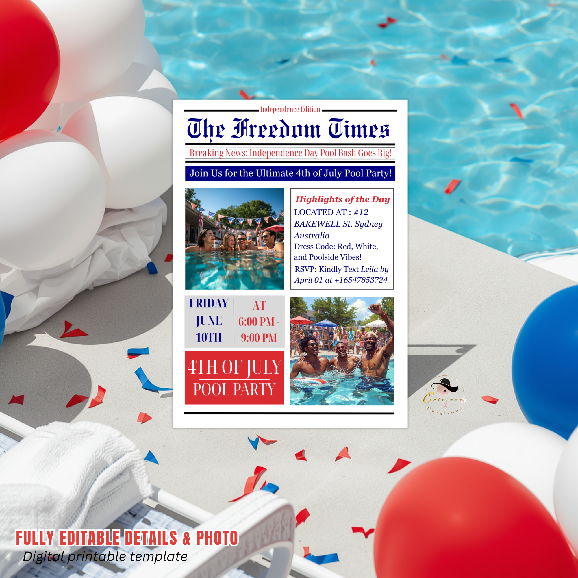 Newspaper 4th of July Pool Party Invitation with Photo, Patriotic BBQ Cookout Invite, USA Independence Day, Printable Digital Template