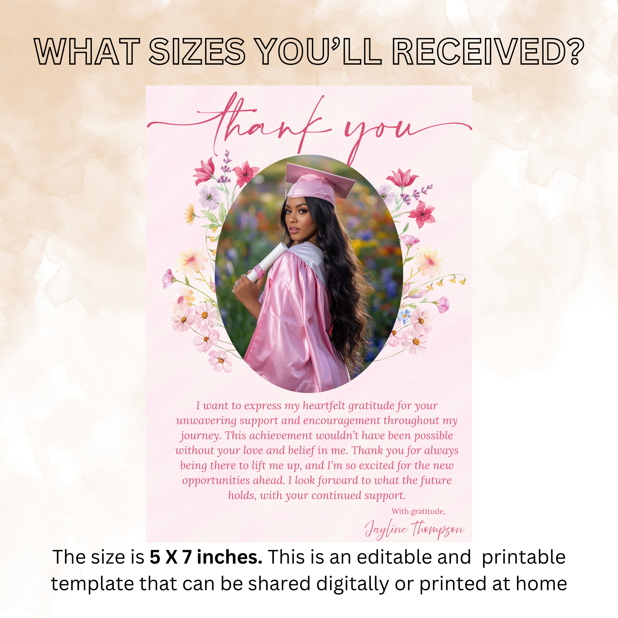 Pink Wildflower Graduation Thank You Card, Senior Grad Party Thank you with photo note, Birthday Thank You Cards, Digital Printable Template