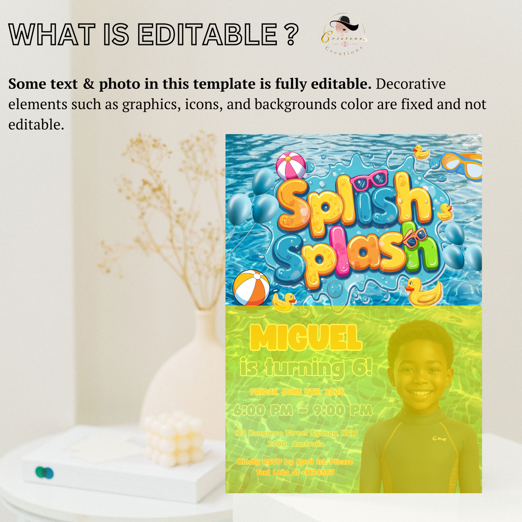Kids Pool Party Birthday Invitation with Photo, Splash Party Invite, Tropical Summer Swim Party, Boy Birthday, Editable Canva Template