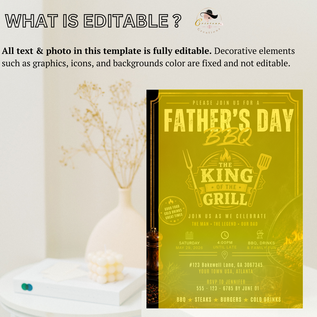 Father’s Day Family Cookout Invitation, BBQ Party for Dad, Barbecue Invite for him, Backyard Summer Gathering, Black Gold Editable Template