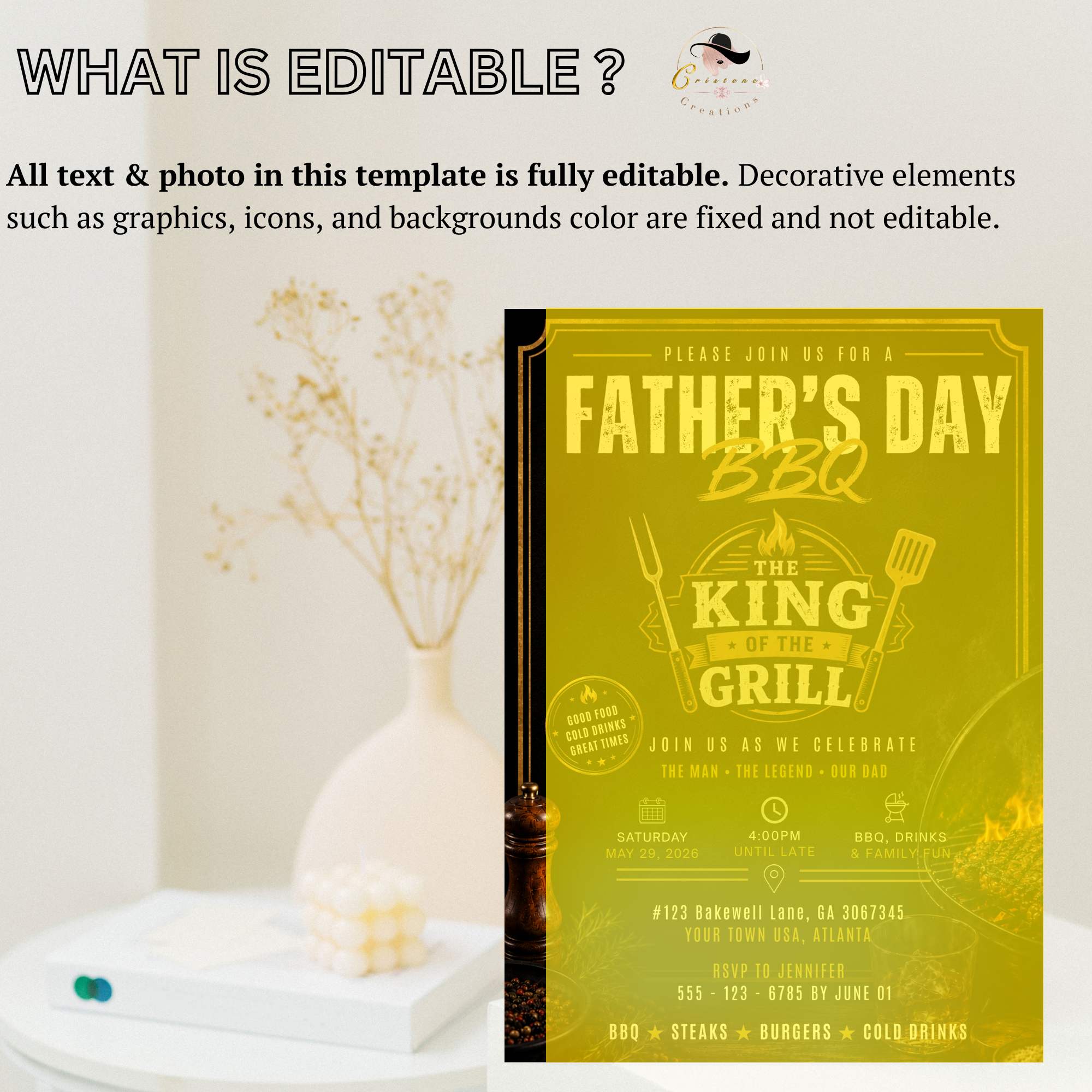 Father’s Day Family Cookout Invitation, BBQ Party for Dad, Barbecue Invite for him, Backyard Summer Gathering, Black Gold Editable Template