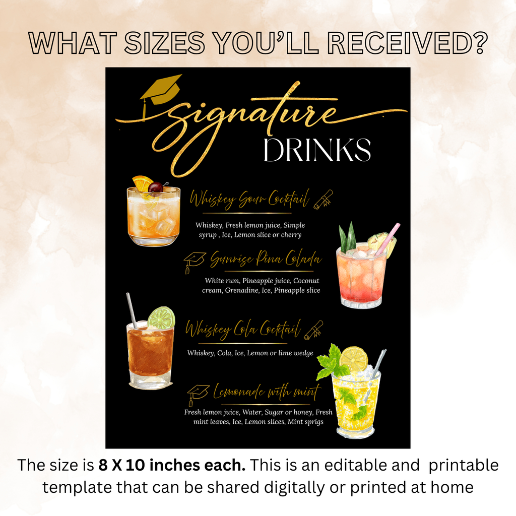 Graduation Signature Drink Sign, Grad Drink Menu Template, Class of 2026 Bar Menu, Black Gold Printable Party Sign