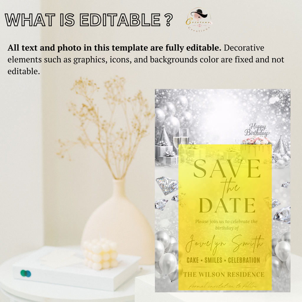 White Silver Save the Date Birthday Invitation, Diamond Jubilee Save Date Party Invite, Elegant Woman Card, Printable Digital Template
