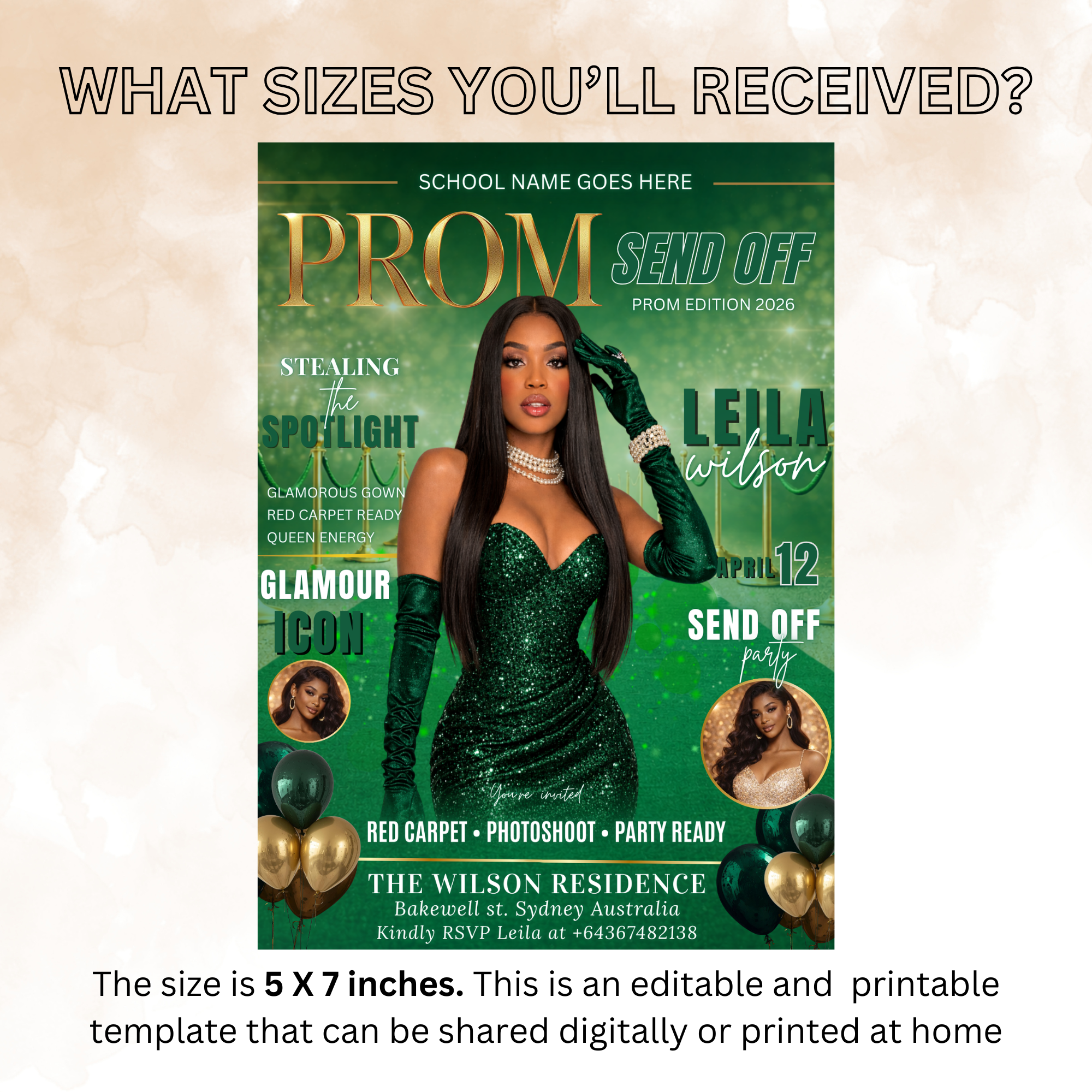Green Gold Prom Send Off Party Invitation, Prom Queen with photo invite, Girls Prom Night Flyer, Magazine Cover Digital Printable Template