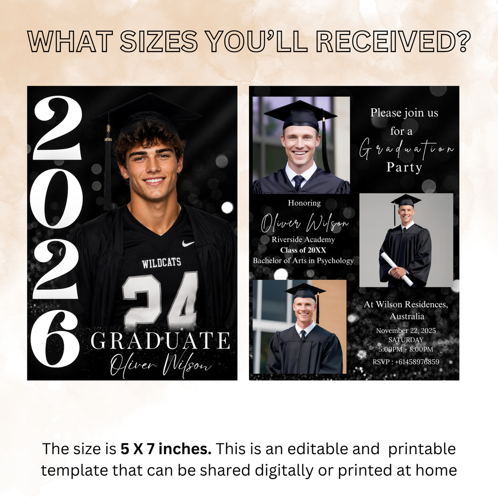 Black Graduation Invitation with Photo for Him, Class of 2026 Senior Grad Party Announcement Invite, Printable Editable Digital Template