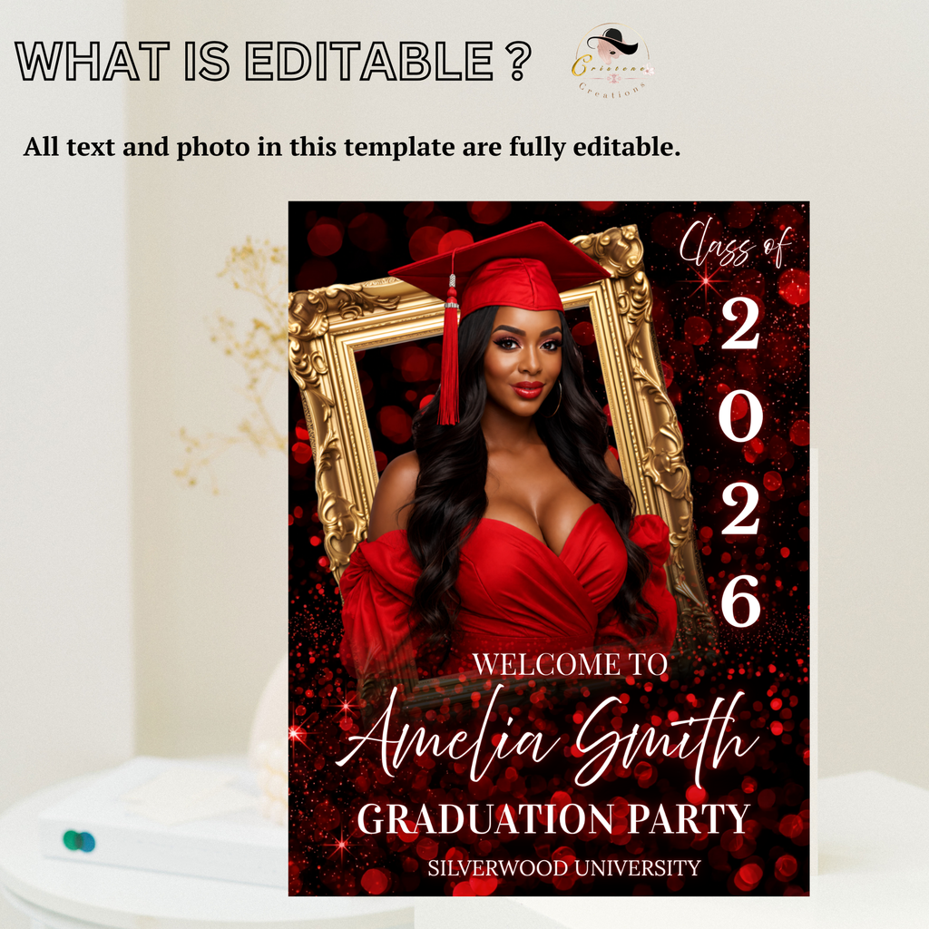 Red Graduation Welcome Sign with Photo for Him and Her, Class of 2026 High School College Party Poster Sign, Canva Printable Template