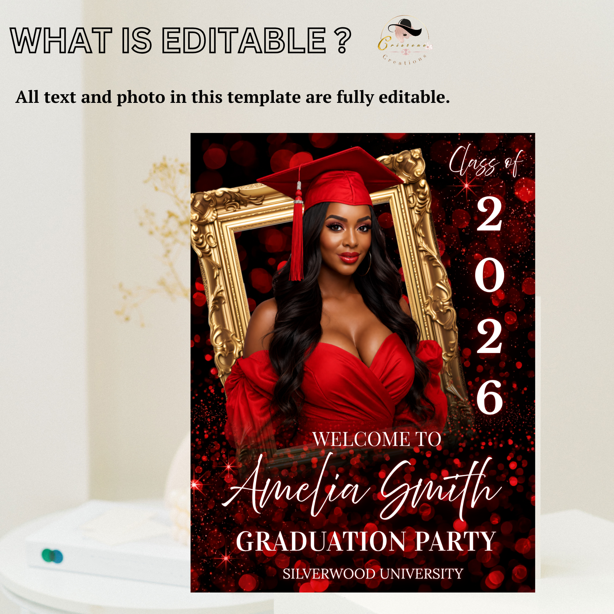 Red Graduation Welcome Sign with Photo for Him and Her, Class of 2026 High School College Party Poster Sign, Canva Printable Template